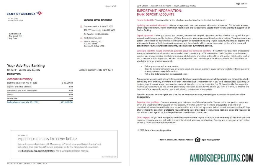 Extrato bancário do USA Bank Of America para impressão, modelo Word e PDF (10 páginas), versão 5